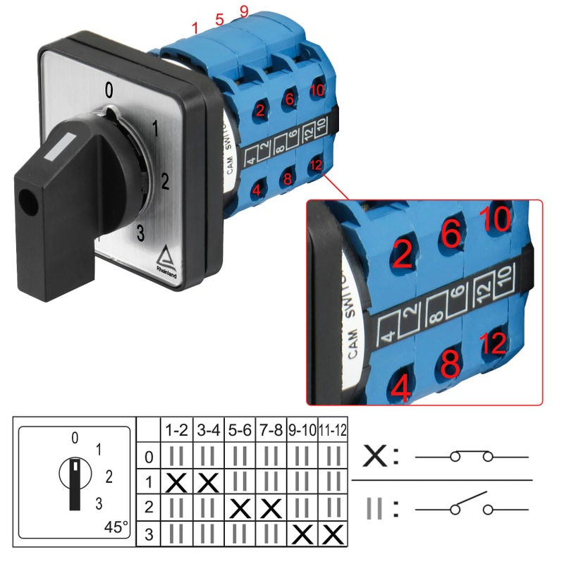 Heschen Universal Rotary Cam Selector Changeover Switch LW28-20/0123.3 660V 20A 4 Position 3 Phase 12 Terminals CE - Image 3